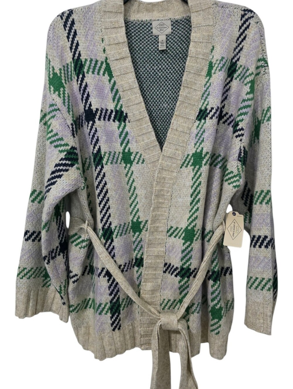 St. John's Bay Wrap Sweater Plaid Open-Front Cardigan - Green, Lavender, Navy - Picture 6 of 8